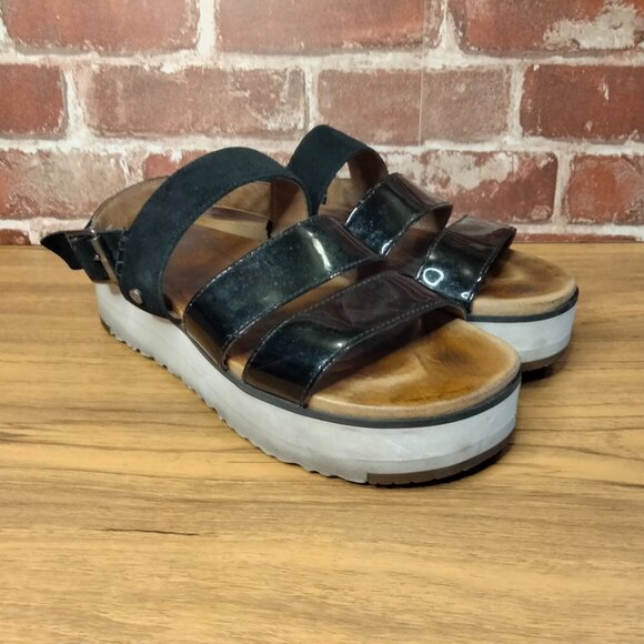 UGG Platform Sandals Womens Size 7 Leather Brown Black White Easy On Sandals - Picture 1 of 8